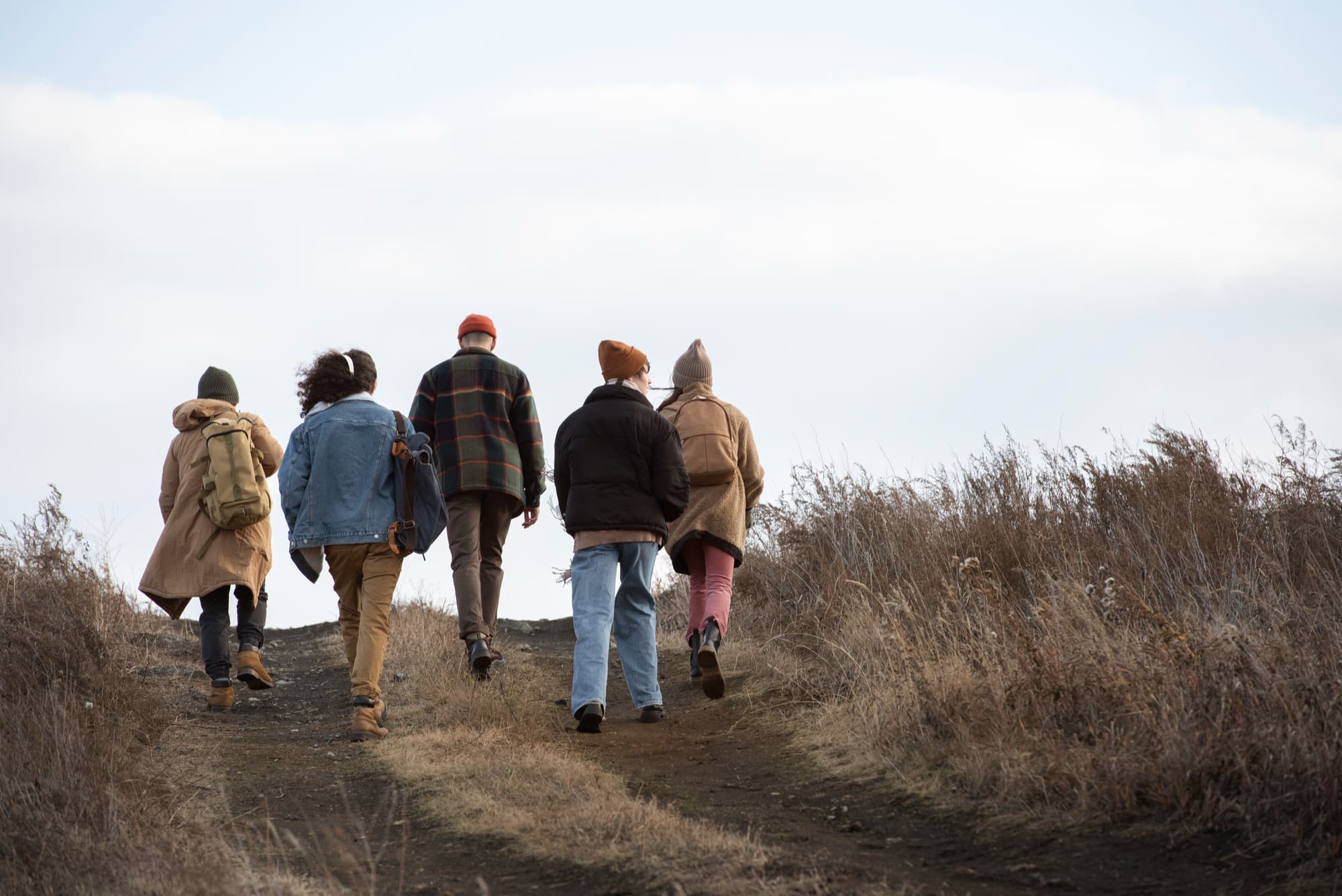 Groupe marchant ensemble vers l'horizon